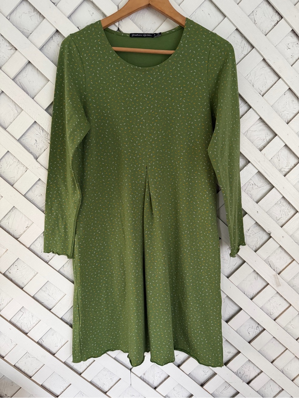 Gudrun Sjödén Organic Cotton Green Printed Long Sleeve Dress CenterFront Pleat S